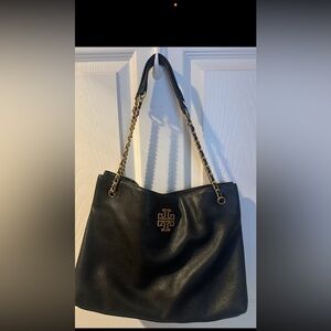 Tory Burch Black Leather Shoulder Bag with Gold Accents